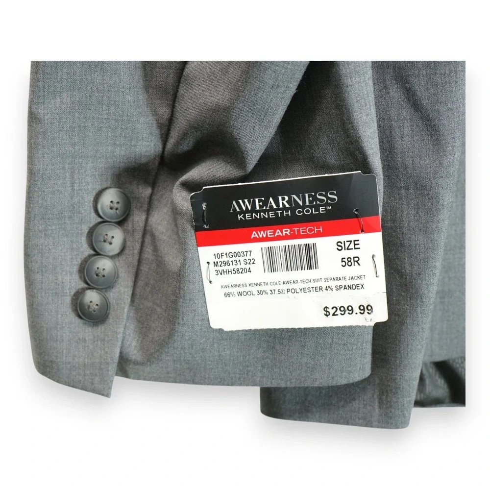NWT Kenneth Cole Awareness Suit Jacket 58R Wool Sport Coat Gray Blazer MSRP $300